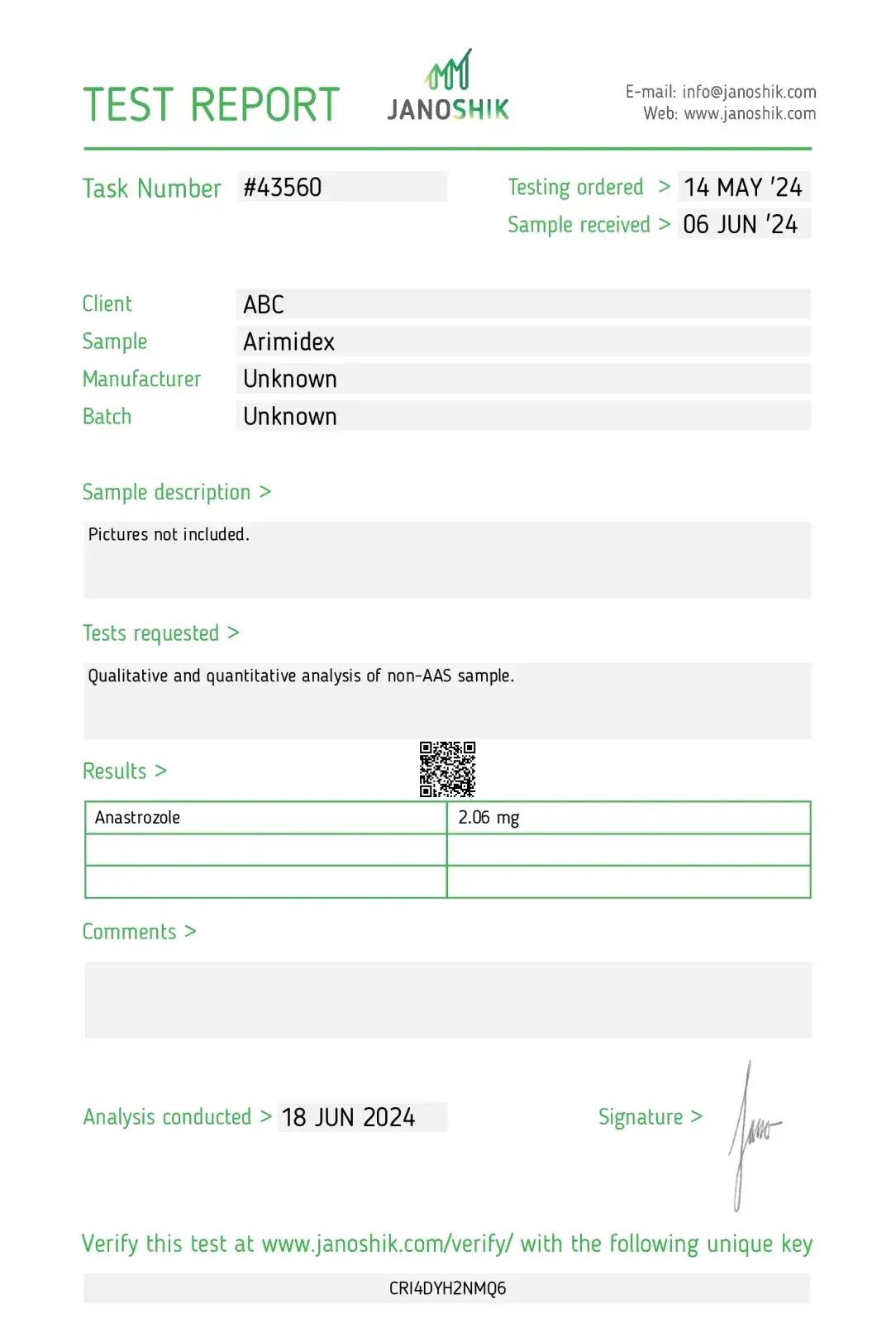 arimidex 2 mg laboratory test report