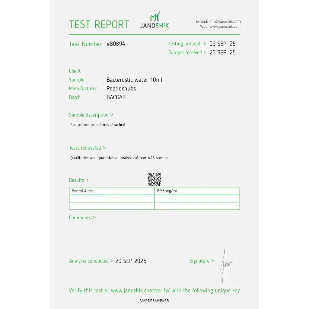 bacteriostatic water laboratory test report