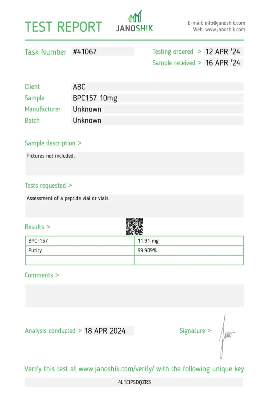 bpc157 10 mg laboratory test report