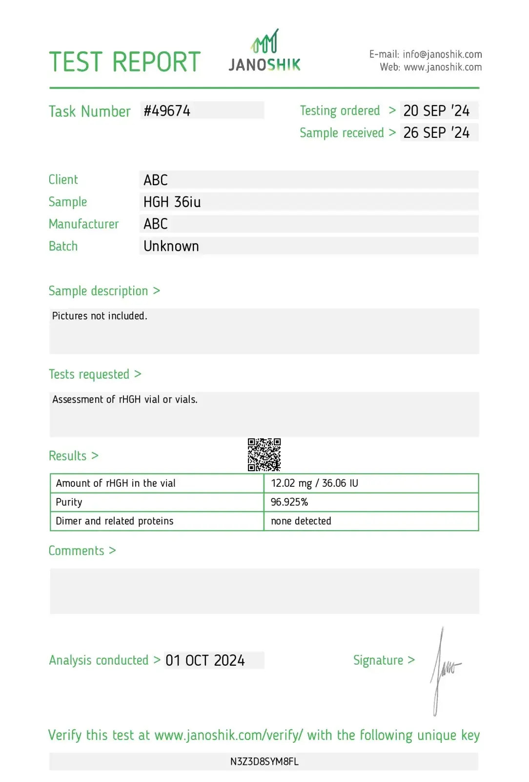 somatropin laboratory test report