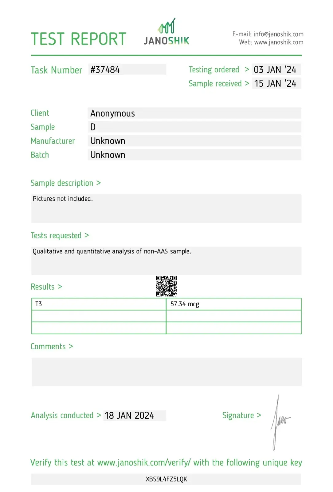 liothyronine (t3) laboratory test report