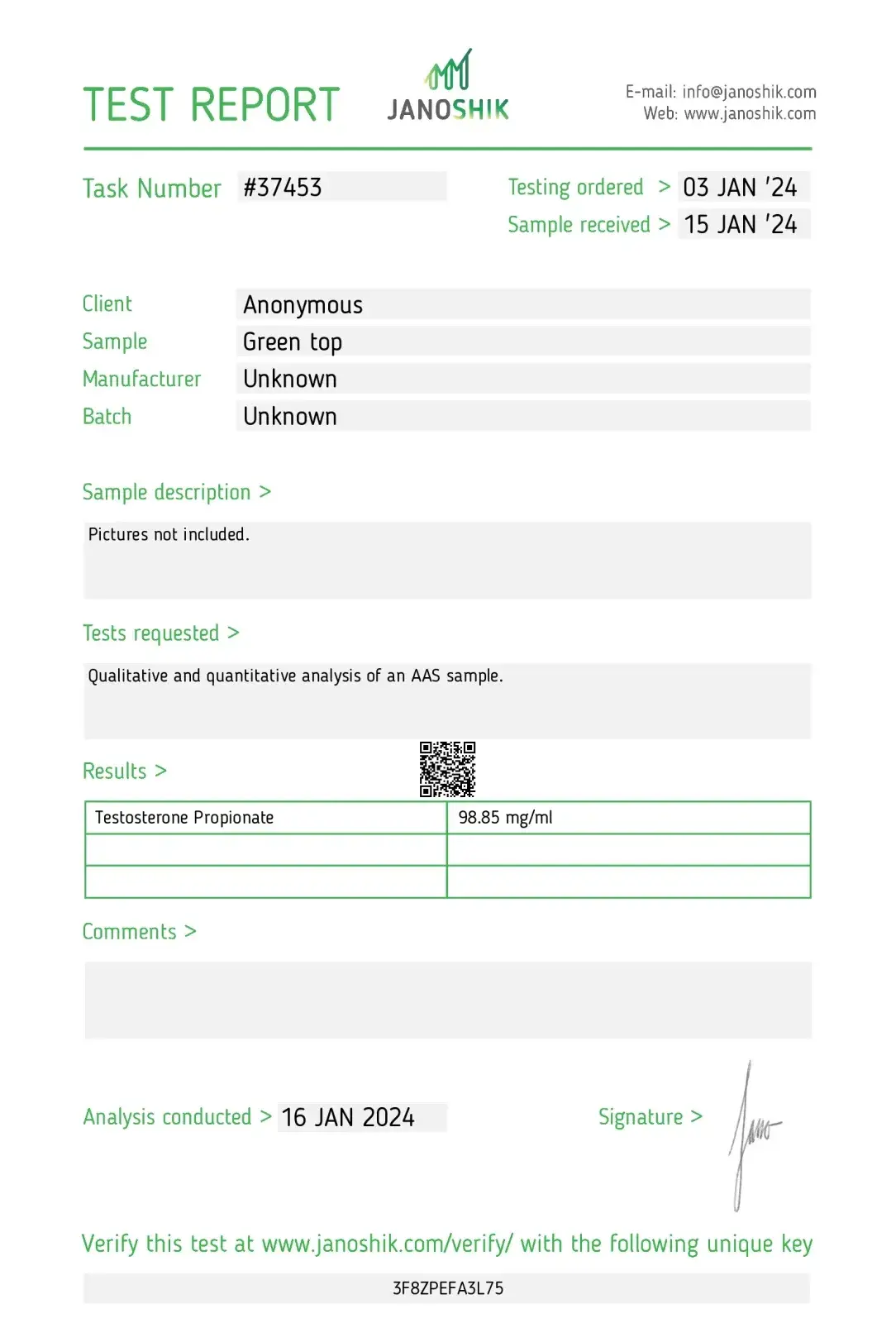 testosterone propionate 100 laboratory test report